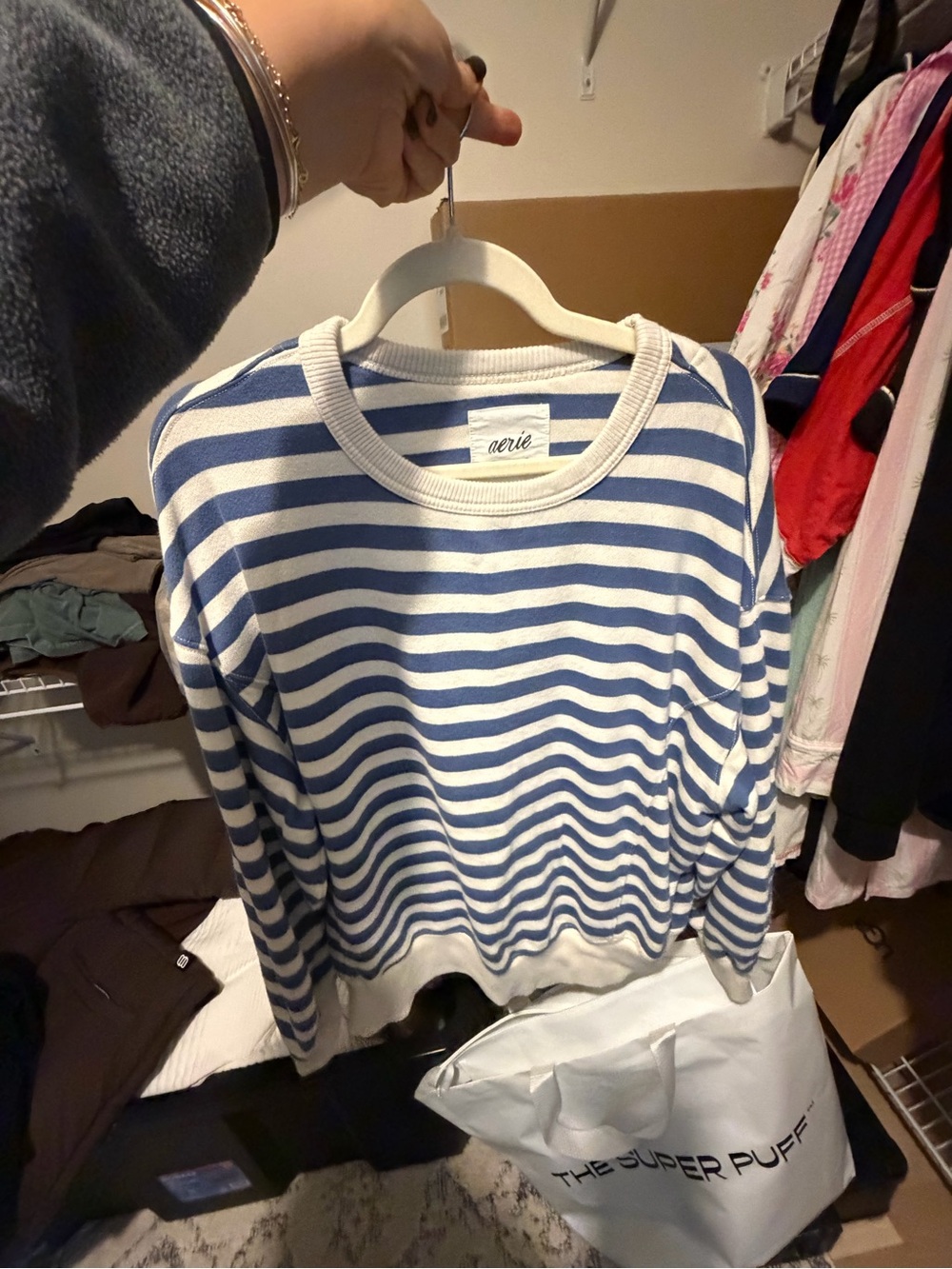 aerie White & Blue Striped Scoopneck Sweater